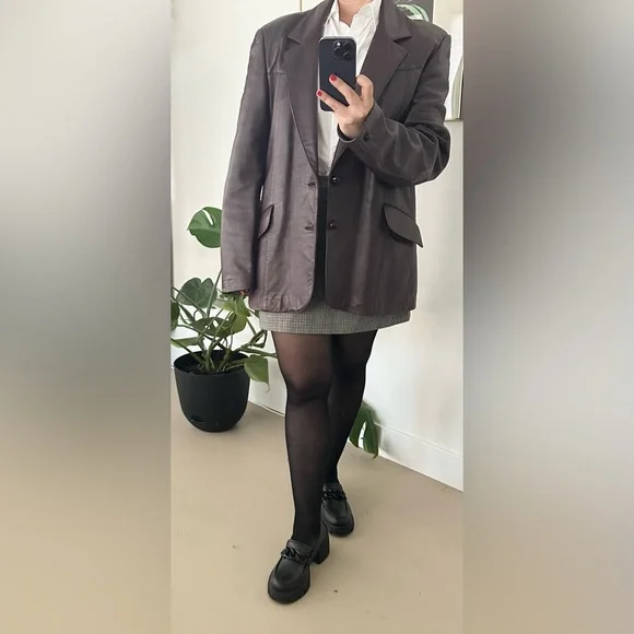 Vintage Diamond Leather Oversized Blazer – Burgundy Oxblood – 90s Slouchy Fit